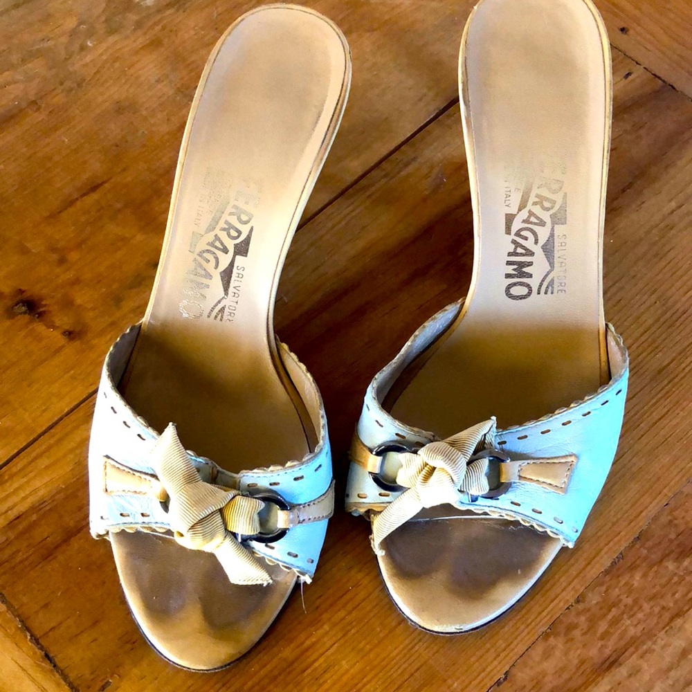 Salvatore Ferragamo Light Blue & Tan Kitty Heels